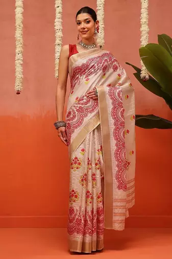 Beige printed silk blend ethnic saree with blouse piece