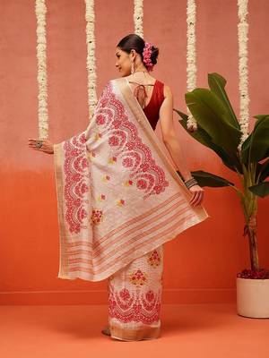 Beige printed silk blend ethnic saree with blouse piece 3