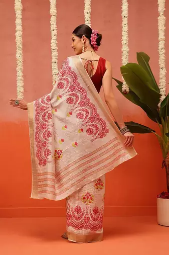 Beige printed silk blend ethnic saree with blouse piece
