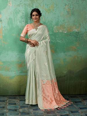 light green & pink cotton silk blend saree for women - festive wedding party wear ethnic saree 1
