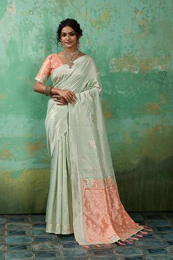 light green & pink cotton silk blend saree for women - festive wedding party wear ethnic saree