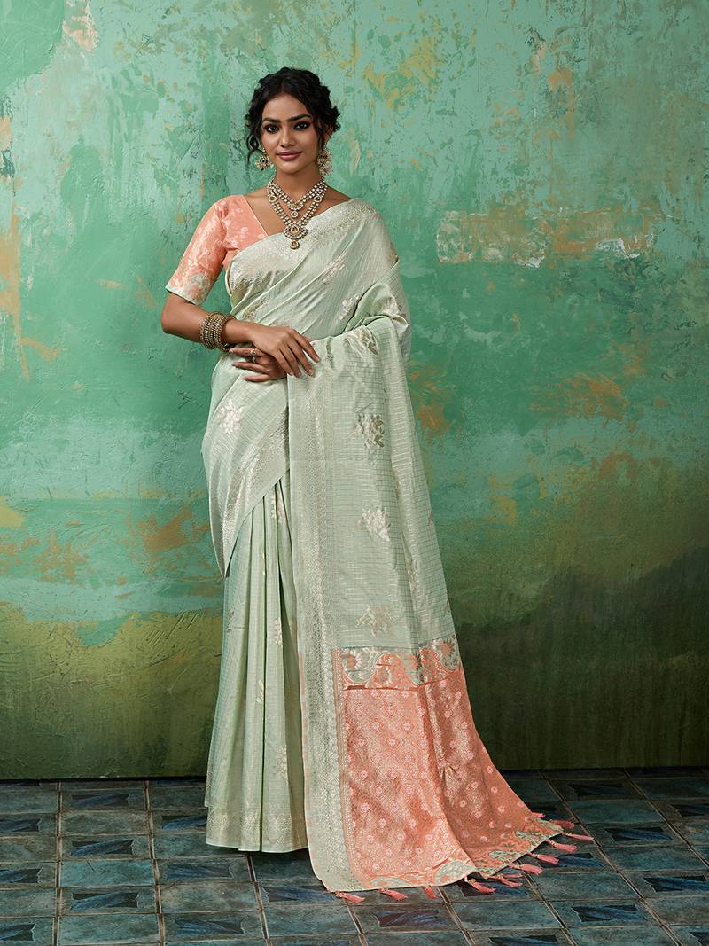 light green & pink cotton silk blend saree for women - festive wedding party wear ethnic saree