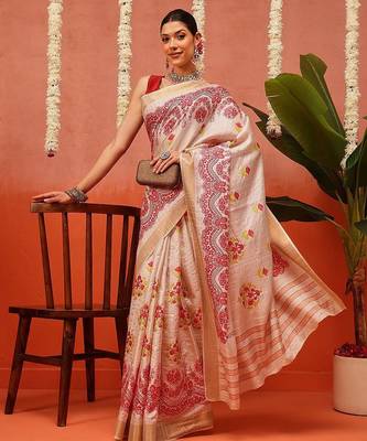 Beige printed silk blend ethnic saree with blouse piece 4
