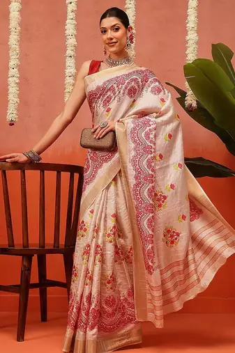 Beige printed silk blend ethnic saree with blouse piece