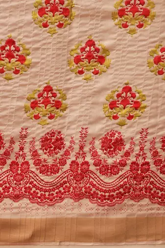 Beige printed silk blend ethnic saree with blouse piece