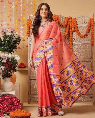 Peach woven cotton blend traditional saree with blouse piece 1