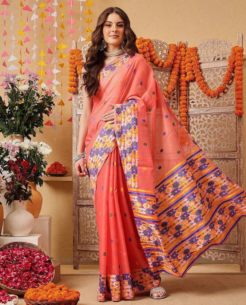Peach woven cotton blend traditional saree with blouse piece