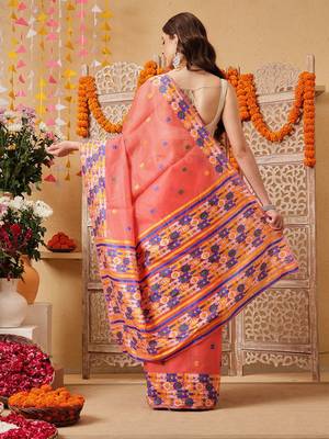 Peach woven cotton blend traditional saree with blouse piece 2