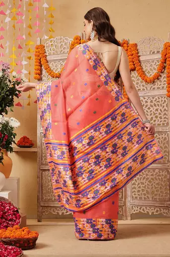 Peach woven cotton blend traditional saree with blouse piece