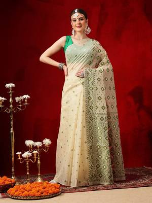 Cream woven cotton blend traditional saree with blouse piece 1