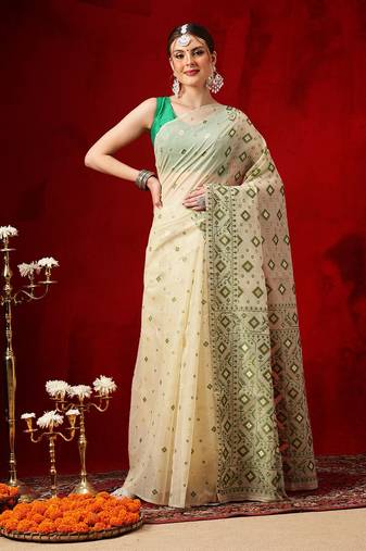 Cream woven cotton blend traditional saree with blouse piece