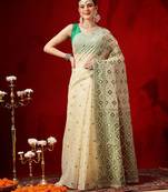 Cream woven cotton blend traditional saree with blouse piece