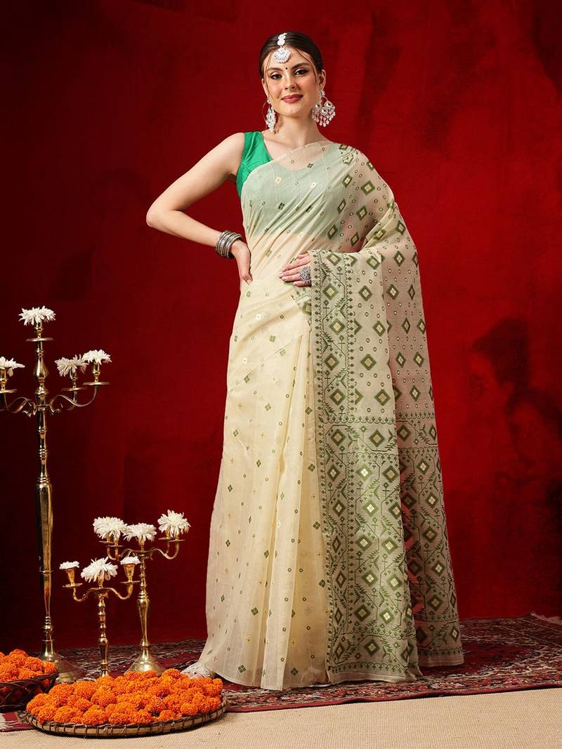 Cream woven cotton blend traditional saree with blouse piece