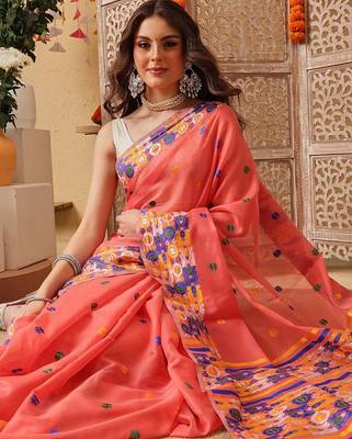 Peach woven cotton blend traditional saree with blouse piece 4