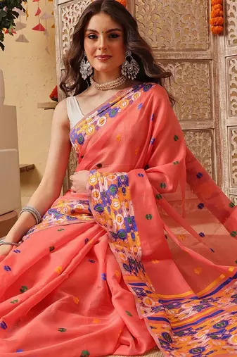 Peach woven cotton blend traditional saree with blouse piece