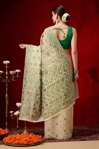 Cream woven cotton blend traditional saree with blouse piece