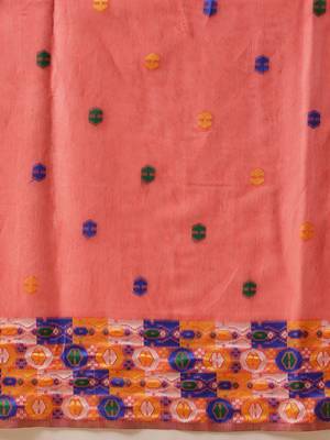 Peach woven cotton blend traditional saree with blouse piece 5