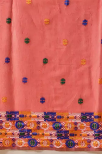 Peach woven cotton blend traditional saree with blouse piece
