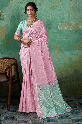 pink & sky blue cotton silk blend saree for women - festive wedding party wear ethnic saree