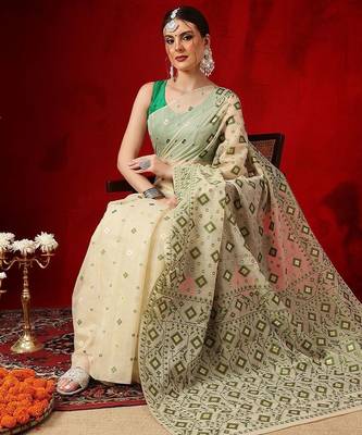 Cream woven cotton blend traditional saree with blouse piece 3
