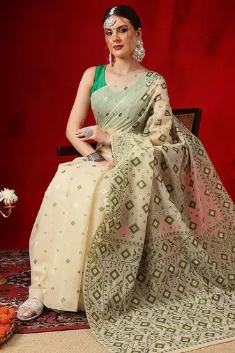 Cream woven cotton blend traditional saree with blouse piece
