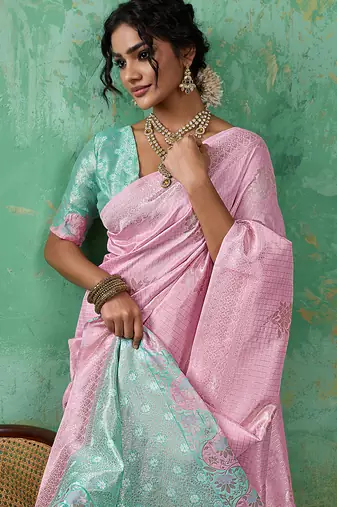 pink & sky blue cotton silk blend saree for women - festive wedding party wear ethnic saree