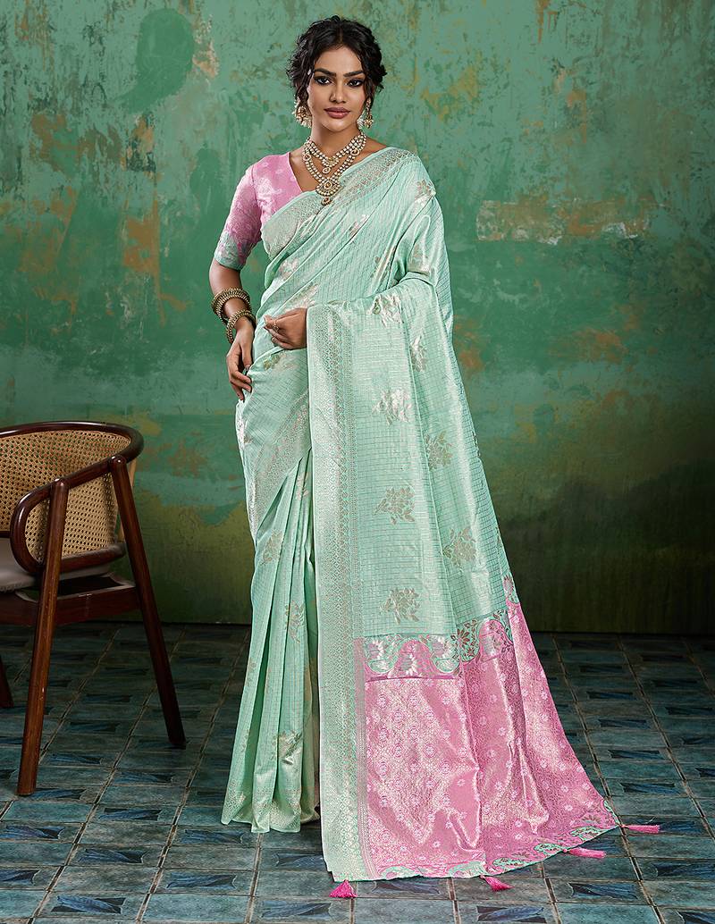 sea green & pink cotton silk blend saree for women - festive wedding party wear ethnic saree