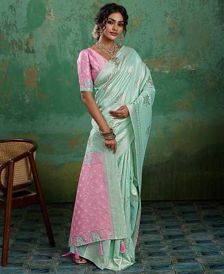 sea green & pink cotton silk blend saree for women - festive wedding party wear ethnic saree 2