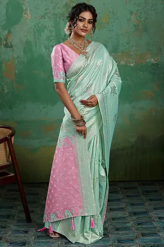 sea green & pink cotton silk blend saree for women - festive wedding party wear ethnic saree