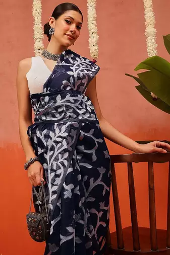 Blue woven cotton blend traditional saree with blouse piece