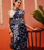 Blue woven cotton blend traditional saree with blouse piece