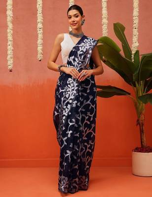 Blue woven cotton blend traditional saree with blouse piece 2