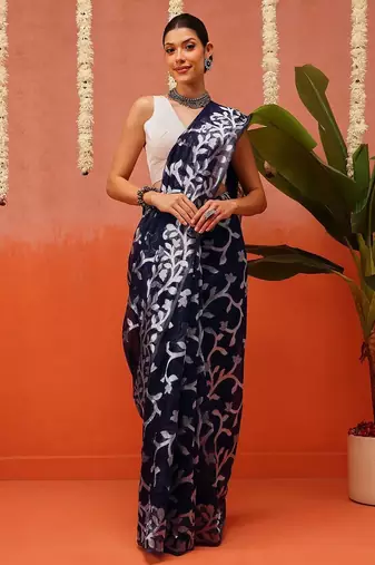 Blue woven cotton blend traditional saree with blouse piece