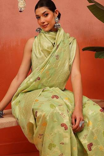 Green woven cotton blend traditional saree with blouse piece