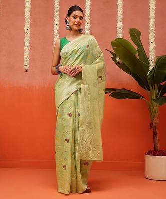 Green woven cotton blend traditional saree with blouse piece 2
