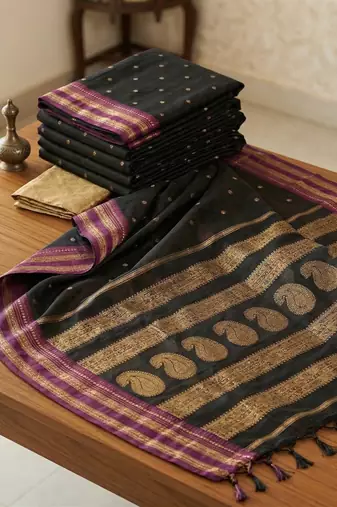 the midnight luxurious black soft silk blend saree with magenta & gold zari border