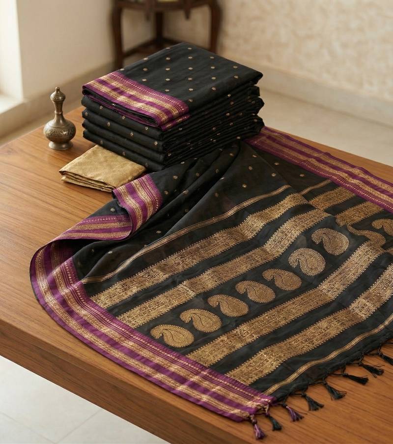 the midnight luxurious black soft silk blend saree with magenta & gold zari border