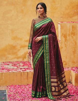 the regal ruby: deep maroon soft silk blend saree with contrast emerald green border 1