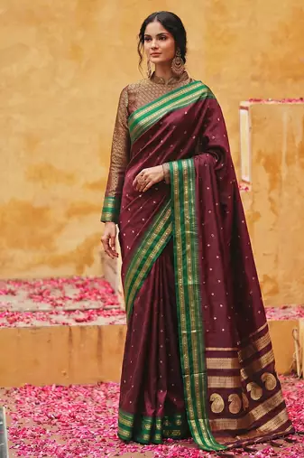 the regal ruby: deep maroon soft silk blend saree with contrast emerald green border