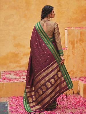 the regal ruby: deep maroon soft silk blend saree with contrast emerald green border 2