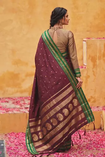 the regal ruby: deep maroon soft silk blend saree with contrast emerald green border