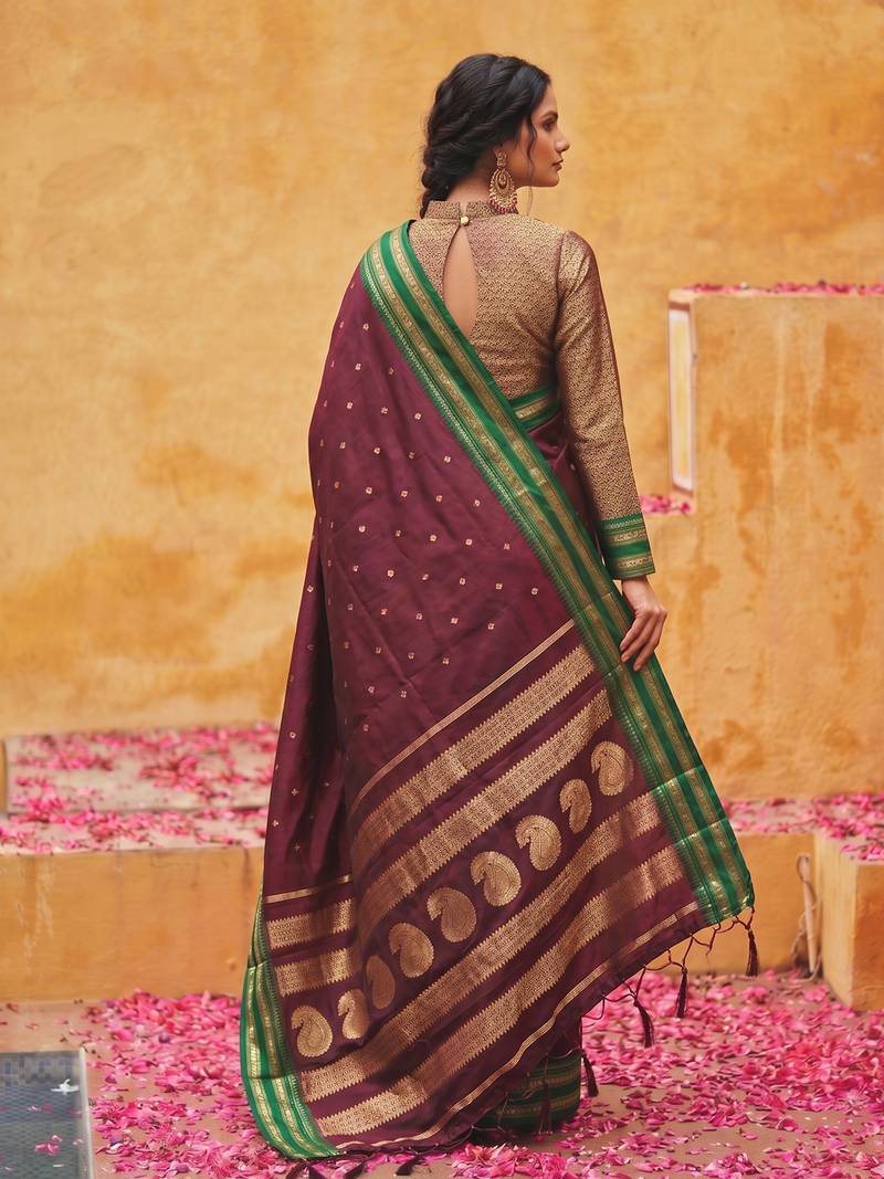 the regal ruby: deep maroon soft silk blend saree with contrast emerald green border