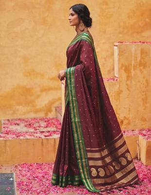 the regal ruby: deep maroon soft silk blend saree with contrast emerald green border 3
