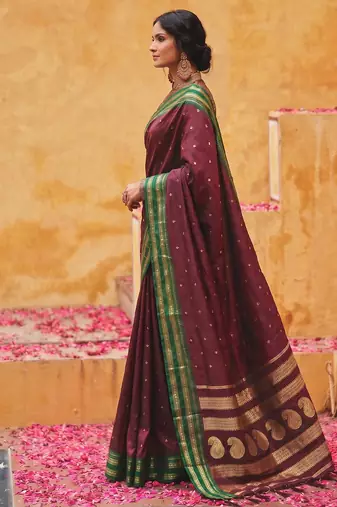 the regal ruby: deep maroon soft silk blend saree with contrast emerald green border