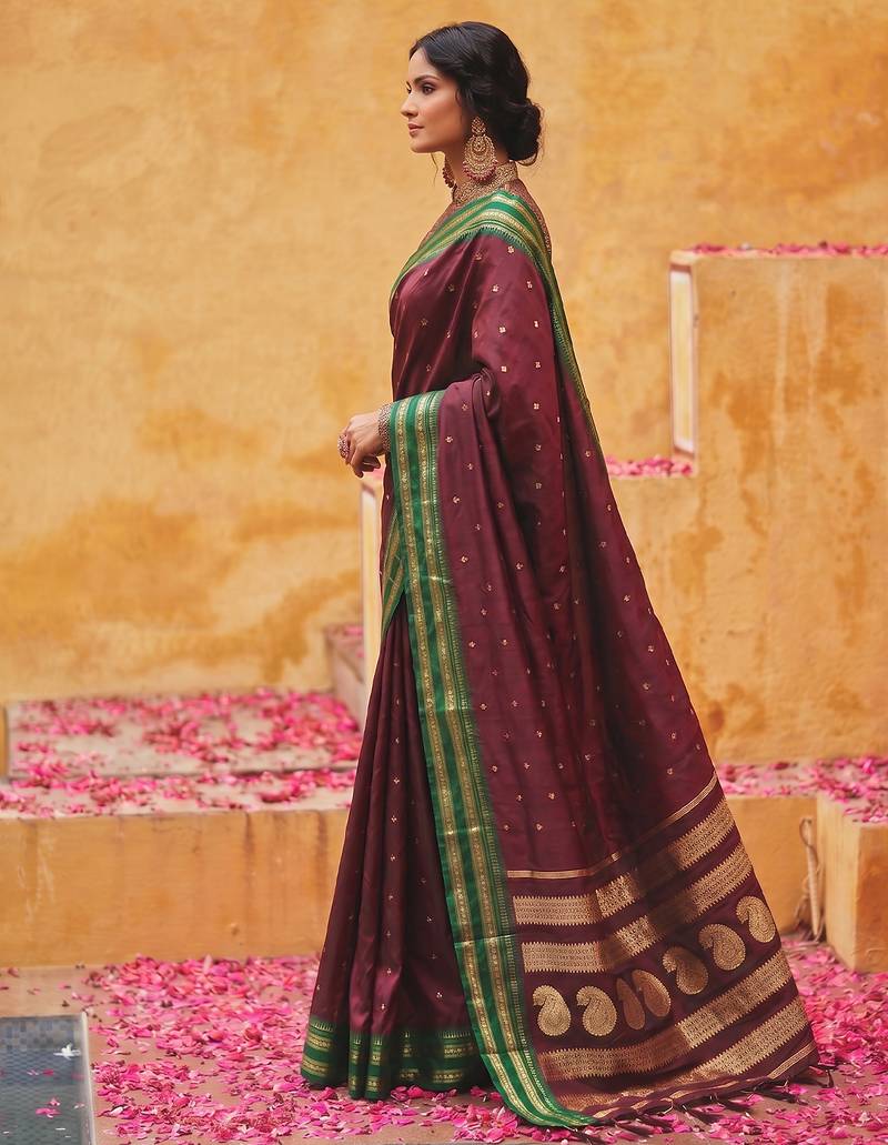 the regal ruby: deep maroon soft silk blend saree with contrast emerald green border