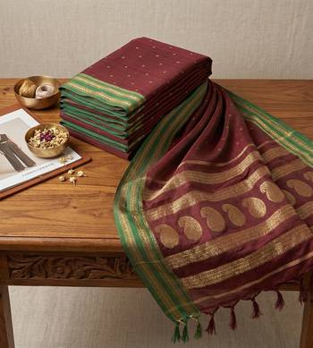 the regal ruby: deep maroon soft silk blend saree with contrast emerald green border 4
