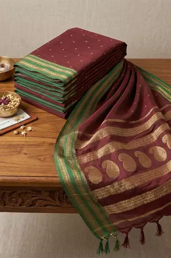 the regal ruby: deep maroon soft silk blend saree with contrast emerald green border