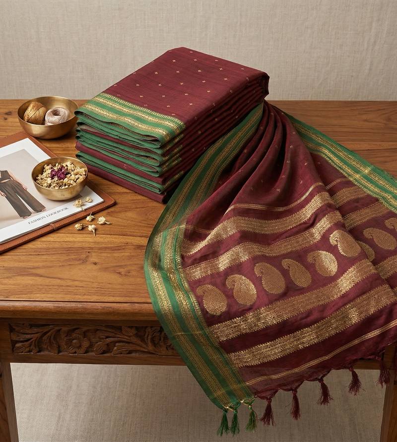 the regal ruby: deep maroon soft silk blend saree with contrast emerald green border