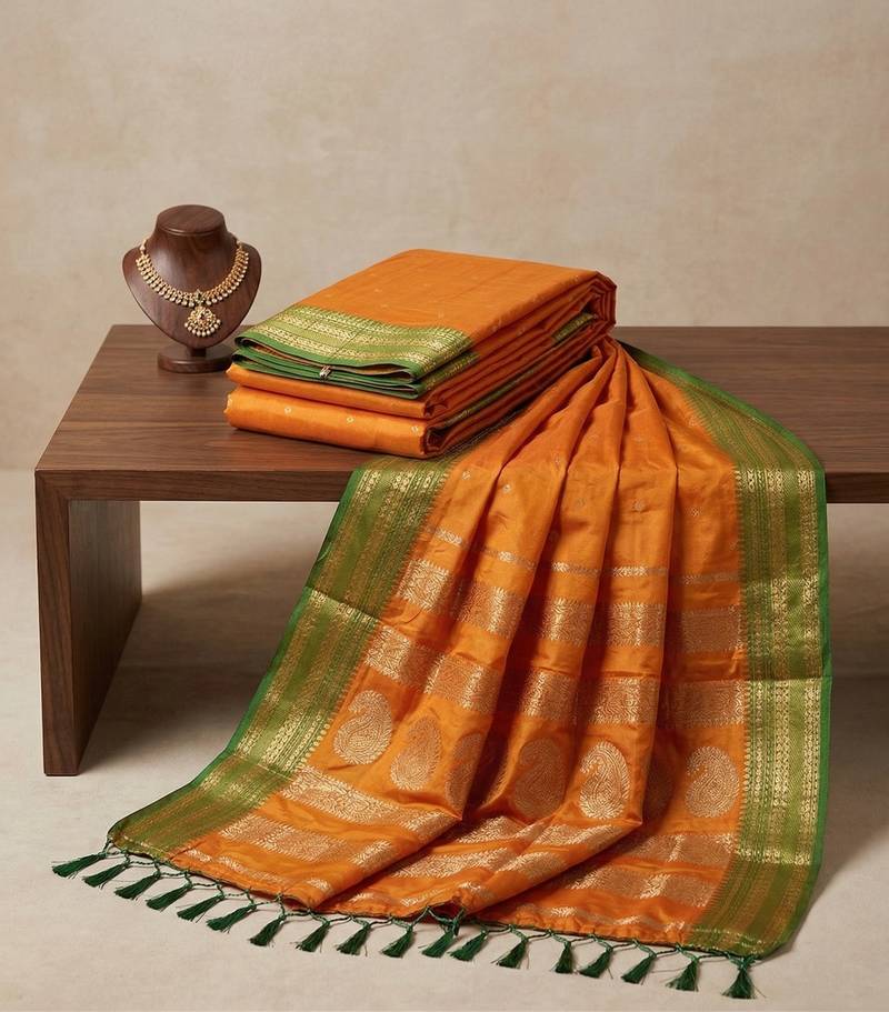 the sunset glow: vibrant orange soft silk blend saree with contrast green zari border
