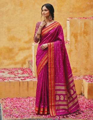 the emerald empress: magenta soft silk blend saree with rich crimson red zari border 1